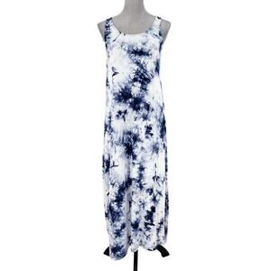 Halston Dress Womens Medium Maxi Ivory Blue Tie Dye Stretch Knit Tank Beach